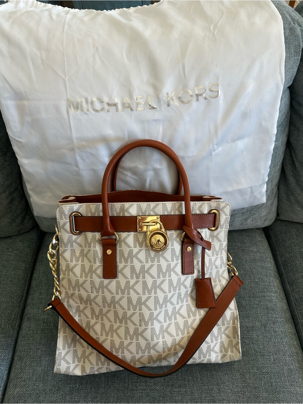 Michael Kors Cream Signature MK Satchel with Brown Leather Trim